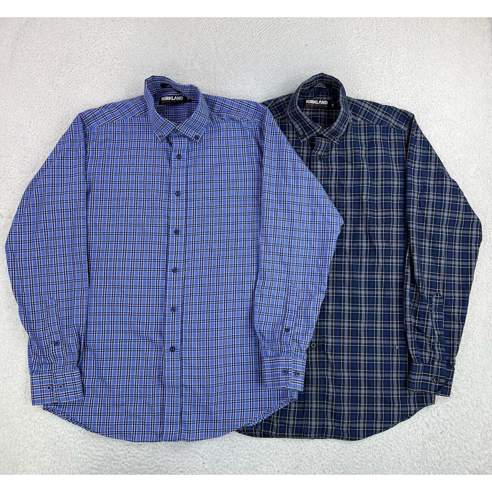 Kirkland Signature Shirts LOT OF 2 Mens Medium Blue Plaid Long Sleeve Button Up